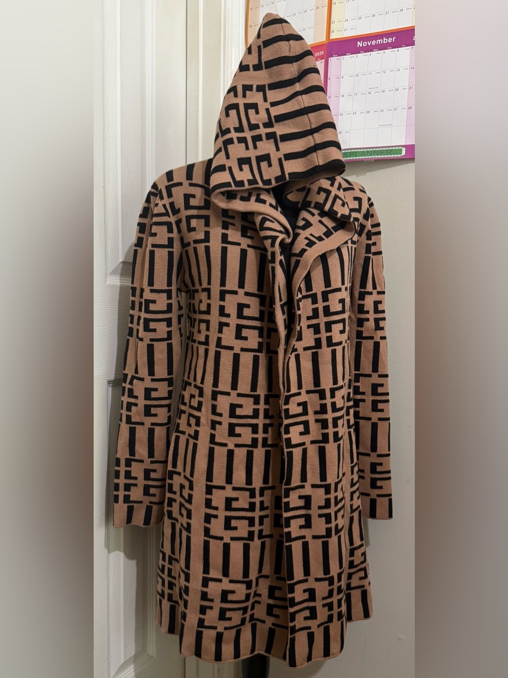 Frank Lyman 223447U Beige Black Geometric Hooded Knit Cardigan Size S